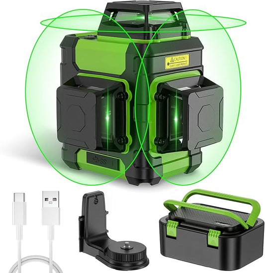 Huepar Laser Level 360 Self Leveling, Rechargeable Green Laser 3x360° Cross Line Lazer Leveler 3D Level Laser Tool for Construction and Picture Hanging, Strong Magnetic Bracket&Hard Carry Case -HM03CG