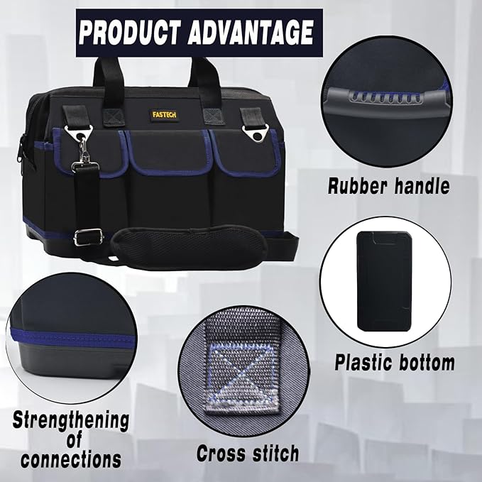 22 Inch Tool Bag, Waterproof Wide Mouth Tool Kit, Heavy Duty Tool Bag Organizer With Shoulder Straps and Molded Base, Tool Storage Package For Screwdrivers, Pliers, Nut Drivers (DarkBlue22IN)