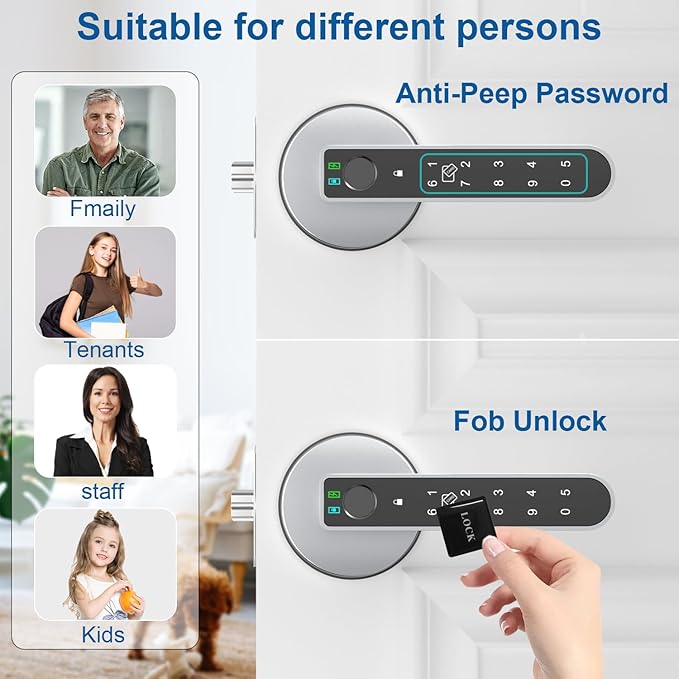 Fingerprint Door Lock, Finger Print Door Knobs Thumbprint Door Knob with App Control/Fingerprints/IC Cards/Codes/Keys, Smart Lock for Bedroom Home Apartment Grey