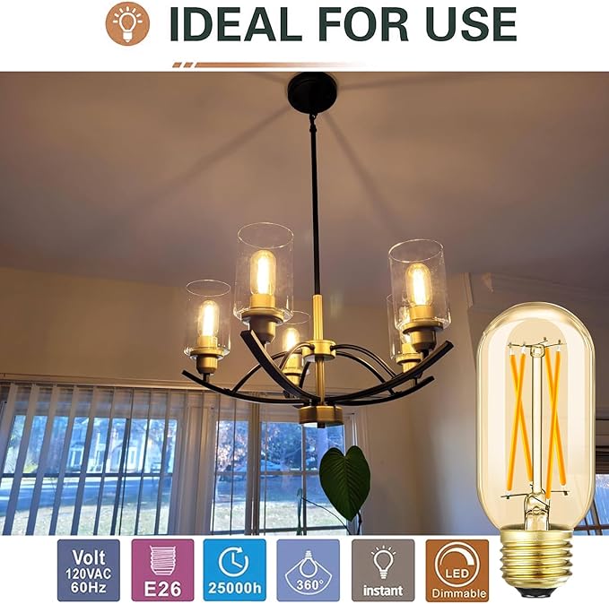 Leools E26 LED Bulb 6W Equivalent E26 Bulb 60 watt Warm White 2700K Amber E26 Edison Bulb dimmable AC120V 600lm Tubular T14 T45 LED Bulb for Pendant, Sputnik,Vanity,Wall sconces Pack of 6