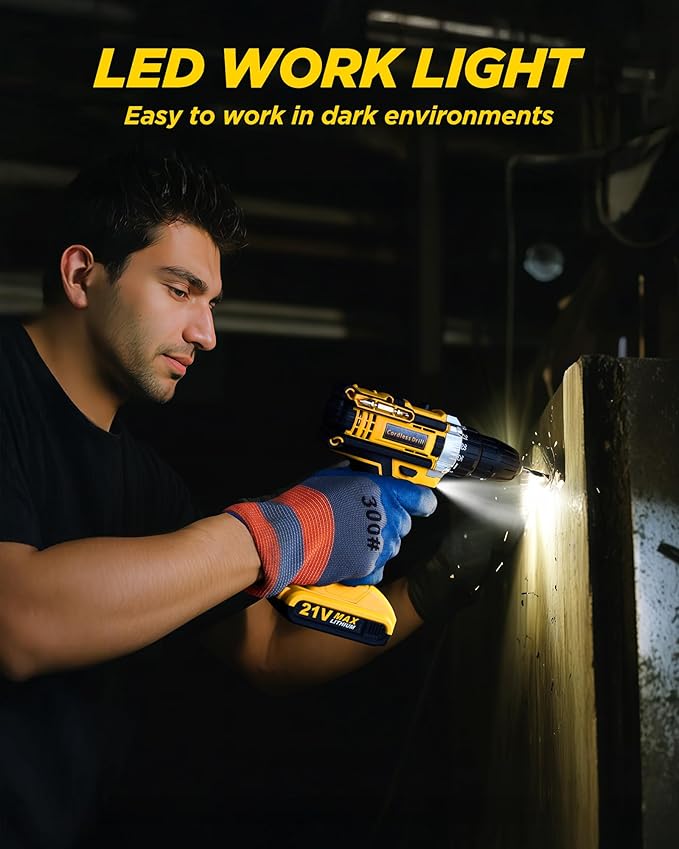 Drill, 21V Cordless Drill with Dual 2.0Ah Power Pack and Charger, Electric Power Drills Set, 3/8 Inch Chuck, 25+1 Torque, 2 Speed 29 Accessories Tool for DIY, Gifts