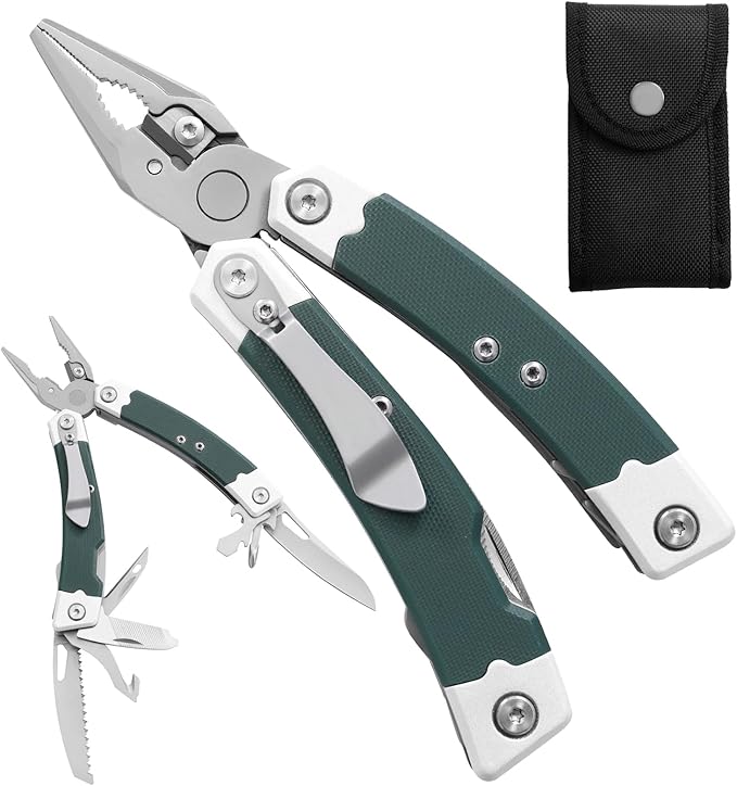 HANSHI G10 Handle Multitool Pliers with YG10 Tungsten Steel Replaceable Wire Cutters 12 in 1 Multi Tool Pocket Knife with Safety Lock,Saw,Bottel Opener for Camping,Survival with Nylon Sheath (green)