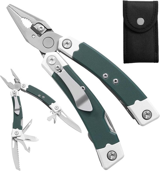 HANSHI G10 Handle Multitool Pliers with YG10 Tungsten Steel Replaceable Wire Cutters 12 in 1 Multi Tool Pocket Knife with Safety Lock,Saw,Bottel Opener for Camping,Survival with Nylon Sheath (green)