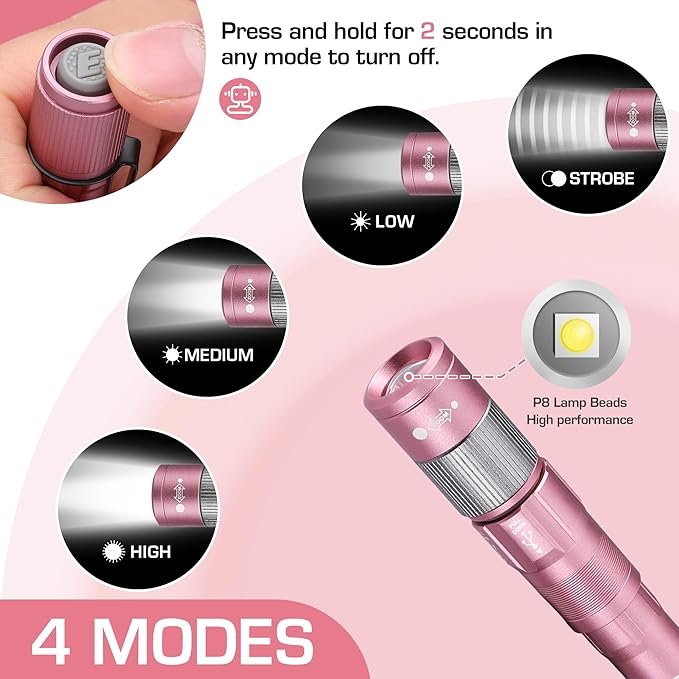 EverBrite Pen Light, Rechargeable Pen Flashlights, 300 Lumens Zoomable LED Small Flashlight with Clip, Memory Function, USB-C Cable Included, Pocket Size for Camping, Emergency, Mechanic, Pink