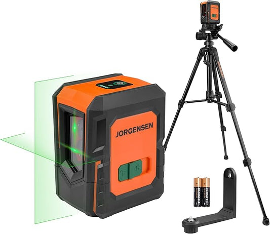 JORGENSEN Laser Level with Tripod, 100 FT Dual Modules Self Leveling Cross Line Laser Leveler Tool with 360° Magnetic Base, Green Laser Level for Picture Hanging, Tile, Home Renovation, Indoor Project