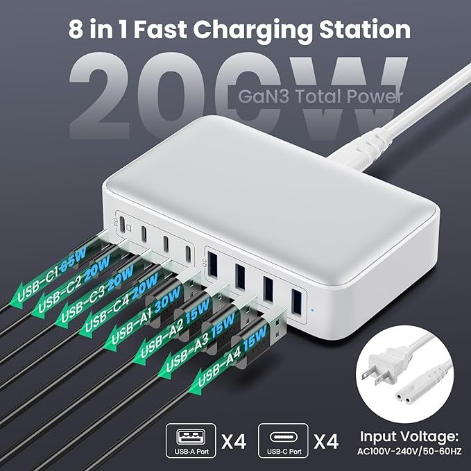 200W USB C Charger Block, GaN III 8-Port USB C Fast Charging Station PPS PD 65W Laptop Charger Adapter Compatible with MacBook Pro/Air,DELL,HP Surface,iPhone 16/15/Pro/14/13,Galaxy,Steam Deck-White
