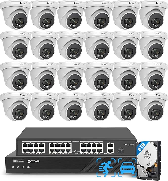 4COVR 32 Channel Security Camera System PoE & AI Human Vehicle Detection, 24Pcs 5MP 110ｰ Wide View Angle Dome IP Camera IP67, 4K UHD NVR 8TB HDD, Commercial Surveillance Outdoor, LY97SA5M3224