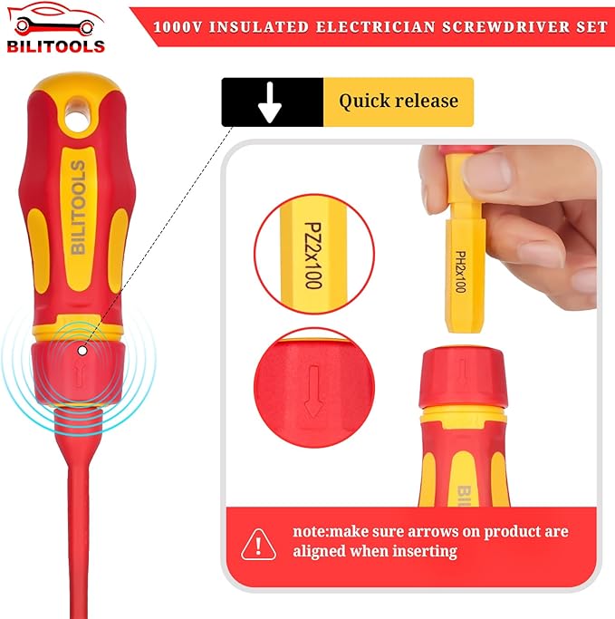 BILITOOLS 1000V Insulated Electrician Screwdriver Set - 13pcs Electrical Tools Kit with Magnetic CR-V Steel Tips, Insulated Handle, Phillips, Slotted, Pozi, Torx Screwdrivers, VDE & GS Certified