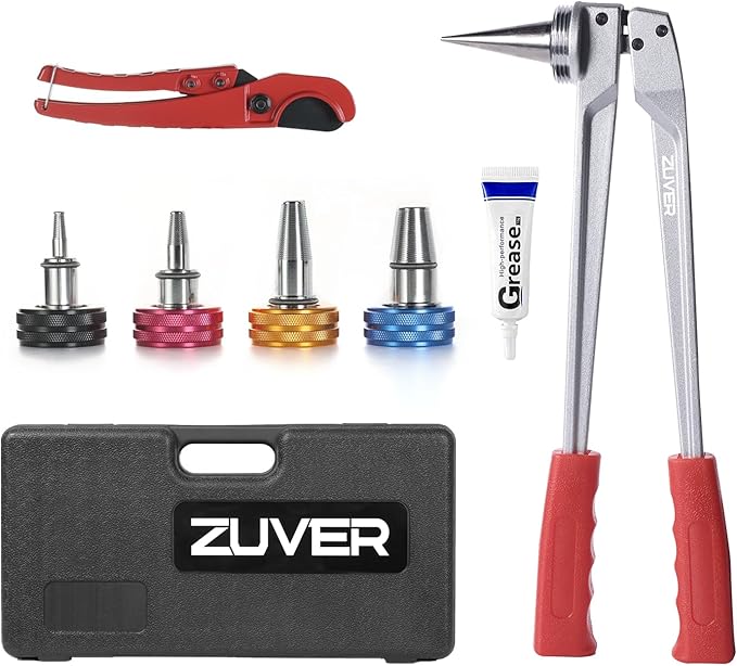 PEX Tube Expansion Tool Kit - Manual Expander with 4 Heads - Meets ASTM F1960 Standard - Includes 3/8”, 1/2”, 3/4”, 1” Expansion Heads and Tube Cutting Tool