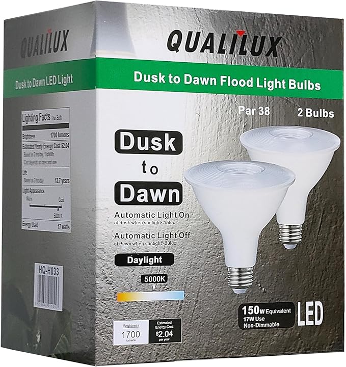 Dusk to Dawn PAR38 LED Light Bulbs, Daylight 5000K, 150W Equivalent, 1700LM, Auto On/Off Light Sensor Bulb, Non-Dimmable, E26, 17W 2 Pack, HQ-H033