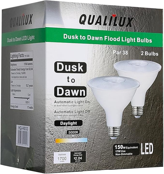 Dusk to Dawn PAR38 LED Light Bulbs, Daylight 5000K, 150W Equivalent, 1700LM, Auto On/Off Light Sensor Bulb, Non-Dimmable, E26, 17W 2 Pack, HQ-H033