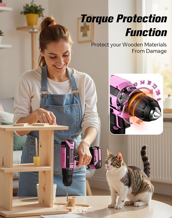 Pink Cordless Drill Set, 20V Max PowerDrill for Women, Lightweight ElectricDrill with Power Pack and Charger, 25 Position and 56 Pcs Accessoires, Womens Drill Tools Kit for House