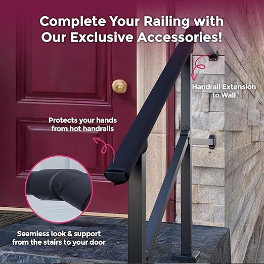 CHR Fence & Rail Hand Rails for Outdoor Steps Extension, 4ft Rectangular Handrail Extension to Wall, Handrails for Step Landings Ideal for Porch, Deck, & Stair Railing Indoor & Outdoor