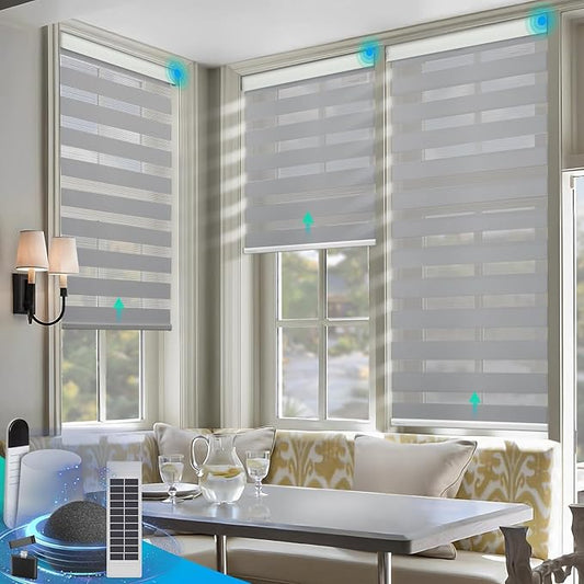 DENFOON Motorized Zebra Blinds, Solar Powered Dual Layer Automatic Shades with Remote Control, Rechargeable Smart Blinds Horizontal Wireless Electric Shades for Windows, Custom Size, Gray， 35 x 72