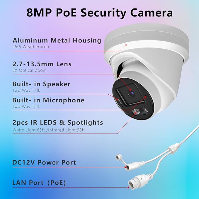 8MP 4K PoE IP Security Camera, H.265 Dome IP Camera with Smart Dual Light Colorvu, 5X Optical Zoom, Two Way Talk, SD Card Slot, 98ft Night Vision, 110°Wide Angle, Human/Vehicle Detection