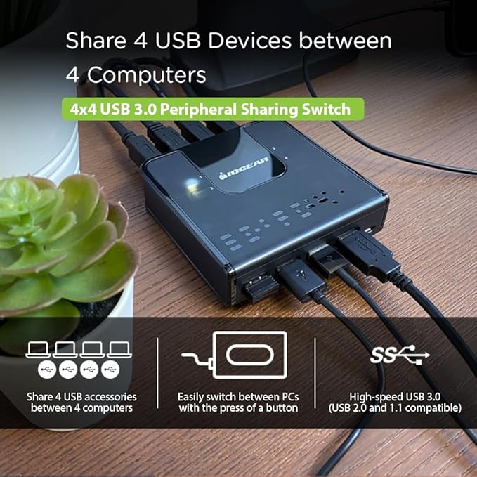 IOGEAR 4x4 USB 3.0 Peripheral Sharing Switch - Share 4 USB Devices Between 4 Computers - LED Indicators - Cables & Remote Included - PC - MAC - Printer - Scanner - Mouse/Keyboard and More - GUS434