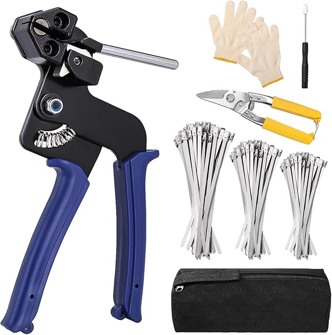 Stainless Steel Cable Tie Gun Kit with 150PCS Metal Zip Ties (Heavy Duty Outdoor) – Heavy Steel Cable Tie Tool, Industrial Scissors & Gloves – Chain Link Fence Parts, Durable Stainless Zip Ties