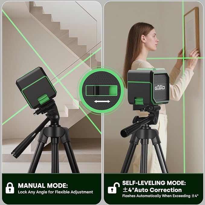 Green Laser Level with Adjustable Tripod Self-leveling& Manual Mode Horizontal and Vertical Lazer Level, 2xAA Batteries for Construction Home Decoration DIY etc.