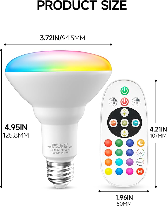 BR30 Color Changing Light Bulb, LED Flood Lights 12W Dimmable, 100W Equivalent, RGB+2700K+4000K+6500K, Remote Control, 1050LM, E26 Multi-Color Can Light Bulbs for Ceiling, 2 Pack