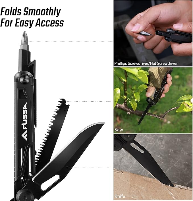 FLISSA Multitool, 16-in-1 Multitools with Sheath, Stainless Steel EDC Multitool, Pocket Knife, Bottle Opener, Screwdriver, Pocket Multi-Tool for Camping, Handwork, Hunting, Hiking, Fishing