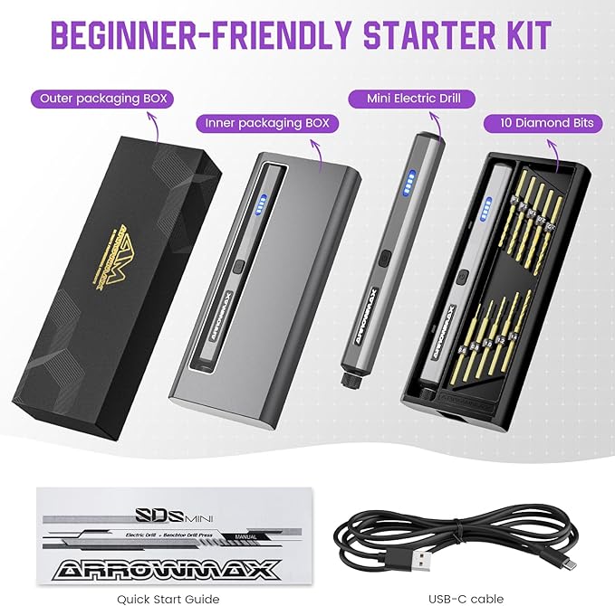 AM ARROWMAX Mini Electric Drill Pen, 13 in 1 with Aluminium case, Rechargeable, 800 RPM, Needle Vise Hand Drill Kit, 10 HSS Bits, DIY, Wood, Jewelry Making (SDS MINI)