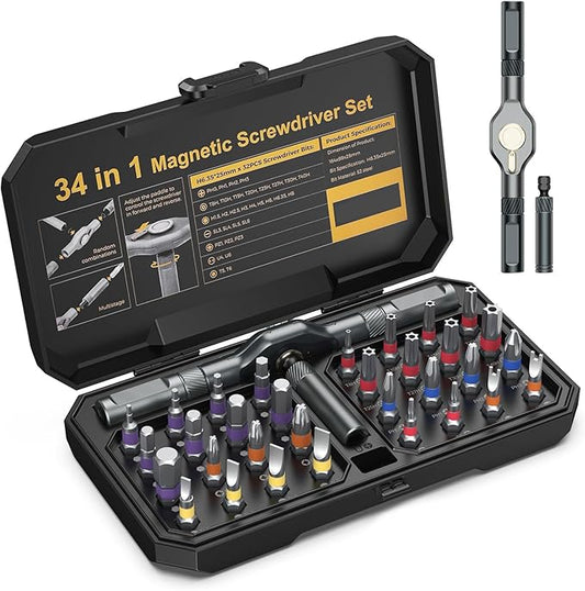 ORIA 34 in 1 Magnetic Screwdriver Set, DIY Ratchet Screwdriver Set, Upgraded Portable Repair Tool Kit with Detachable Ratchet Handle, 32 Color-Coded Precision Bits for DIY Furniture Computer Bicycle