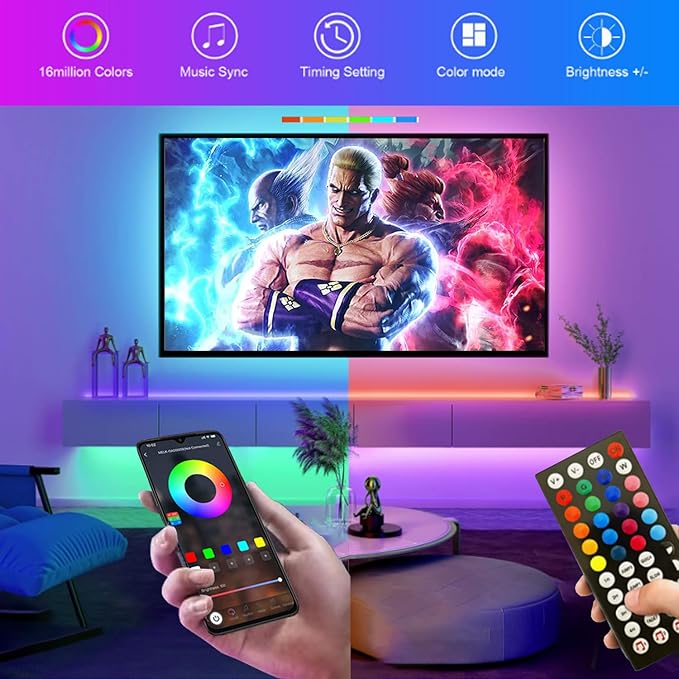 Battery Operated LED Strip Lights 26ft, Color Changing RGB APP & Remote Control, Music Sync, USB Powered, Cuttable - for Bedroom, TV Backlight, Party, Kitchen, Camping