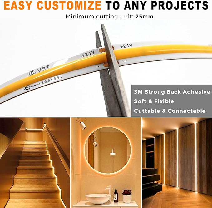 VST 16.4ft COB LED Strip Lights Natural White 4000K, 24V Dimmable LED Tape Light, 48w, 2640 LEDs, Ra 93+, IP30, Lighting for Kitchen, Cabinets, UL Listed (Power Source Not Included)