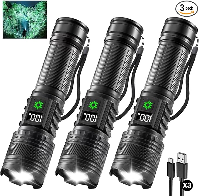 3Pack Rechargeable Flashlights High Lumens 9900FL, LED Flashlight Rechargeable with LCD Digital Display, 5Modes Adjustable Flash Light, Super Bright Flashlight Powerful, Tactical Flashlights for Home