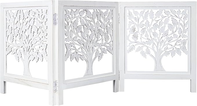 Foldable Wooden Dog Gate 3 Panel 24" Height x 60" Wide Tree Design, Free Standing Pet Fence for Doorways, Indoor Decorative Dog Gate for House, Extra Wide White Puppy Barrier,Pre-Assembled, Easy Setup