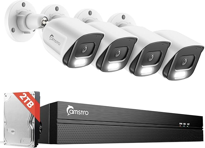 4pcs 5MP Security Camera System Wired POE Cameras with 4K 8CH NVR, 2TB HDD for 24/7 Recording, Human/Vehicle/Pet/Parcel Smart Detection, H.265+, 100ft Night Vision, IP67 Waterproof - White