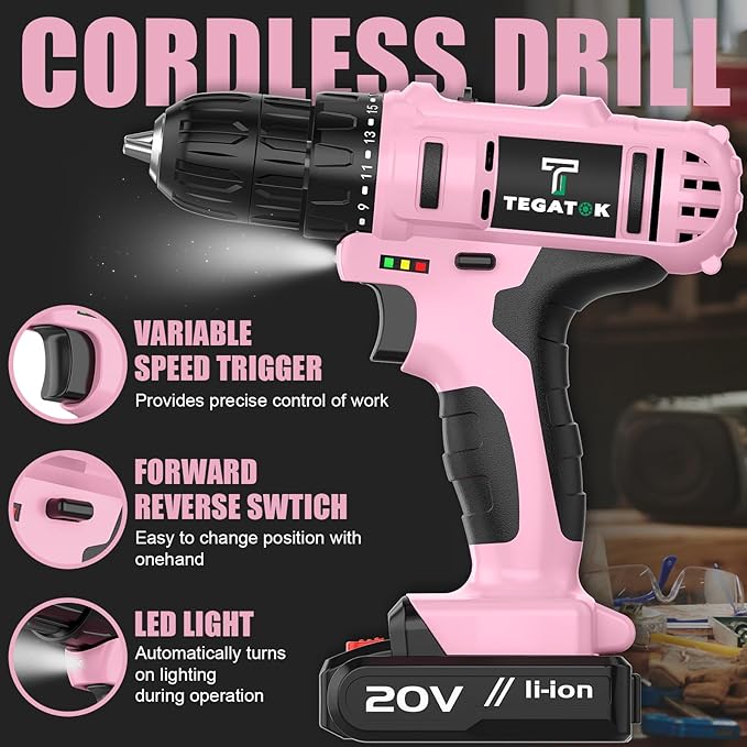 Cordless Pink Drill Set, 3/8 Drill Handheld Screwdriver Kit with 18+1 Torque Setting, 20V Electric Drills Tools Bit, LED Electric Power Drills with Battery and Charger, 1 Battery