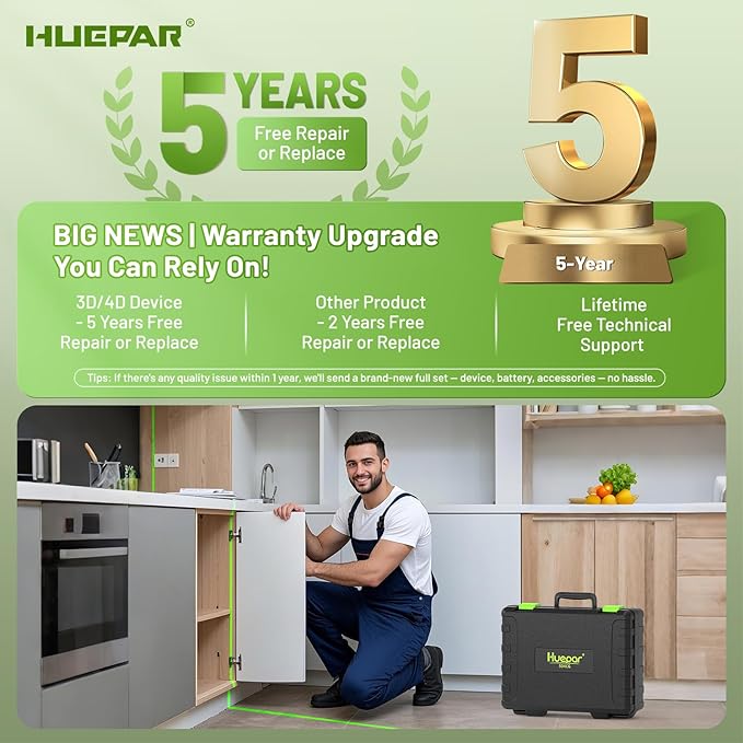 Huepar 12V 4x360 Laser Level Self Leveling with Bluetooth and Remote Control, 4D Green Cross Line Laser, 16 Lines Lazer Leveler Tool for Construction, Upgrraded Bracket, Removable Battery P04CG