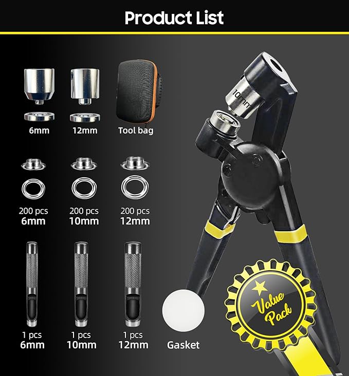 Grommet Tool Kit 1/2 1/4 3/8 Multi-Size Hole Punch, 600 Pcs Heavy Duty Grommets Tool Kit, Eyelets and Grommets for Tarps, Fabric Rings, Leather, Tents, Vinyl, Canvas and so on