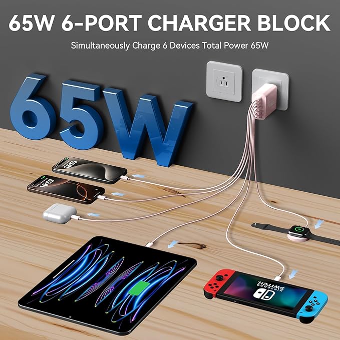 USB C Charger Block, 65W GaN 6 Port USB C Fast Wall Charger 30W Type C Charging Blocks, 3USB C+3USB A PPS/PD 3.0 Multiport Charging Cube for iPhone 16 15 14 13 Pro Max,for Galaxy S25 S24,2 Pack,Pink