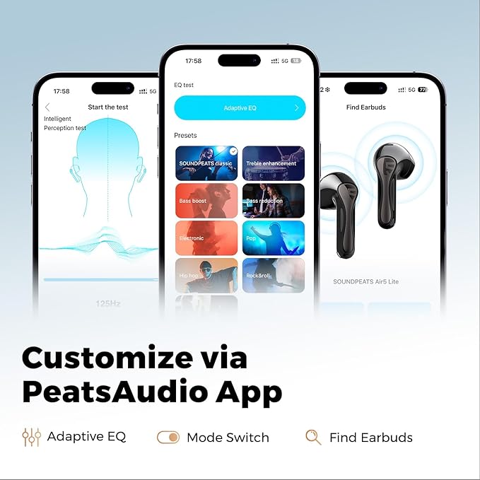 SoundPEATS Air5 Lite Wireless Earbuds with Hi Res Audio, Bluetooth 5.4 Semi in Ear Earphones, 13mm Drivers, LDAC Codec, ENC Noise Cancelling Headphones for Calls, Stereo Sound, 30 Hrs Fast Charge