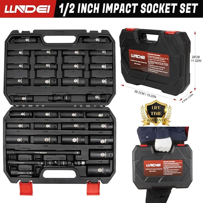 LLNDEI 1/2 inch Drive Deep Impact Socket Set, 37 Piece Standard SAE 3/8" to 1-1/4" | Metric 8 to 24mm, Includes Spark Plug Socket (16, 21mm), CR-MO Universal Joint, Extension Bars and Adapter