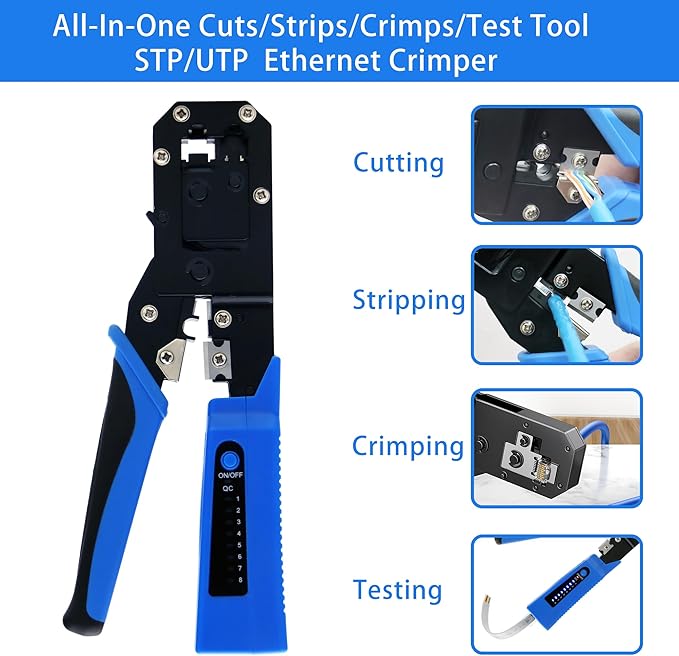 RJ45 Crimp Tool Kit All-in-One Ethernet Crimper Cat6 Cat5 Cat5e Crimping Tool with Network Cable Tester, 50-Pack Cat5e RJ45 Connector, 50-Pack Connector Boots