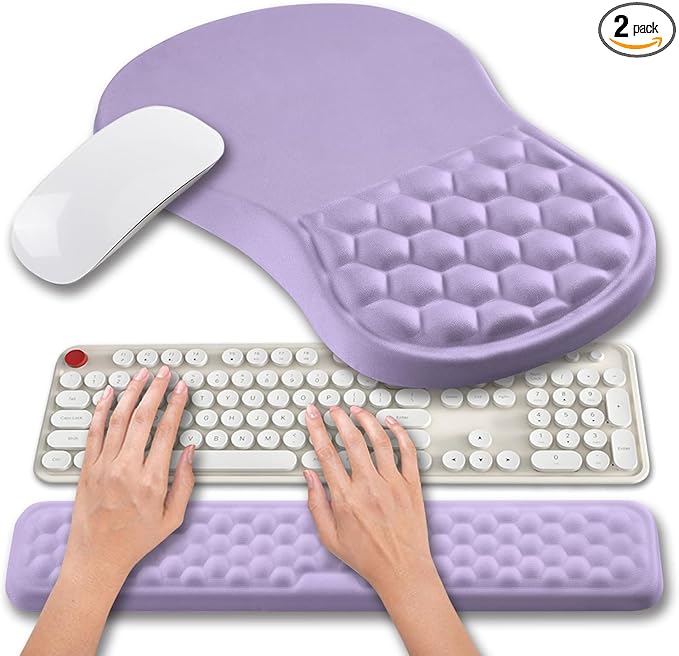 Hokafenle 2 in 1 Ergonomic Mouse Pad Wrist Support & Wrist Rest for Computer Keyboard Set, with Relieve Carpal Tunnel Pain Massage Bulge and Full Memory Gel Design (2In1 Set, Lavender)