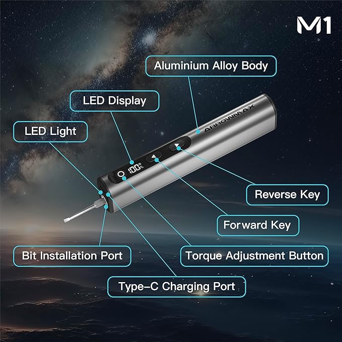 AM ARROWMAX 7.4V Mini Electric Screwdriver & Removable Angle Screw, Precision Electric Screwdriver Set, 60 in 1 Magnetic Bit, 5 Torque Setting, 5/32''Hex, Repair Tools For Phone Camera Watch (M1 PLUS)