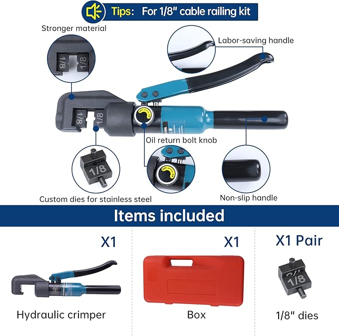 Muzata Custom Cable Railing Crimping Tool Hydraulic Crimper Hydraulic Crimping Tool for 1/8" Stainless Steel Cable Railing Kit Wire Rope Swaging Kit CR09