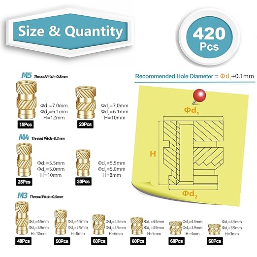 Kadrick 420Pcs M3 M4 M5 Threaded Inserts Assortment Kit for 3D Printing Components, Metric Brass Knurled Nuts, Insert by Heat into Plastic Parts