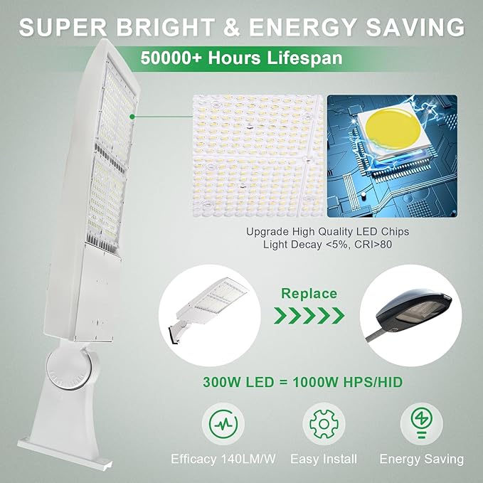 480V 300W LED Parking Lot Light, 5000K 42000LM(140lm/w) LED Shoebox Area Light - Direct Arm Mount, Dimmable Commercial Street Lighting, Surge Protection Built-in, AC277-480V UL DLC Listed