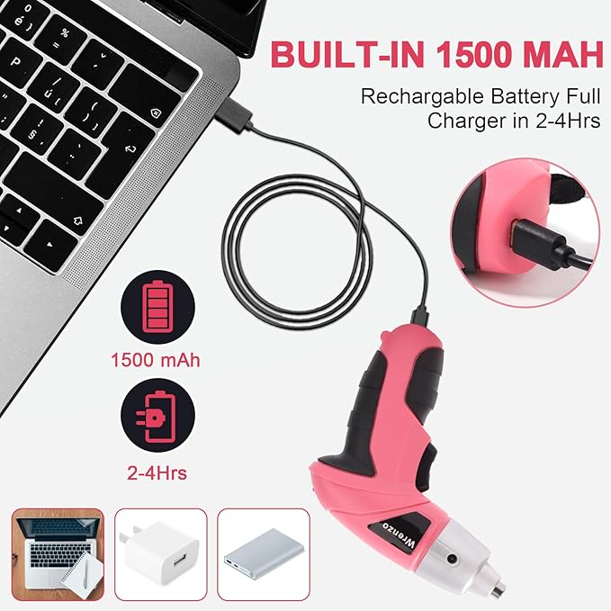 Electric Screwdriver, 3.6V Cordless & Rechargeable Screwdriver Set, 28pc Drill Set with Led Lights, USB Charging Cable, Tool Knife, Pink