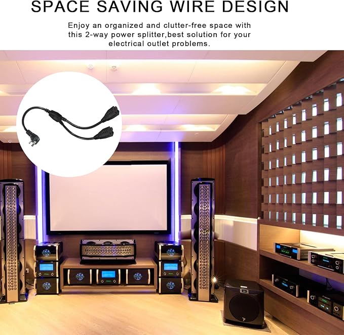 Power Cord Extension Y Splitter - 1 to 2 Way Outlet Adapter NEMA 5-15P 90-Degree Flat Plug to 2 X NEMA 5-15R with SJT 16AWG 3-Prong Cable Wire Extender Space Saver for Home Office Appliance 2-Pack