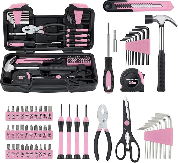 58 Piece Household Tool Set, General Household Hand Tool Kit with Plastic Toolbox Storage Case, All Purpose Household Tool Kit for Women, Girls and Ladies, Pink