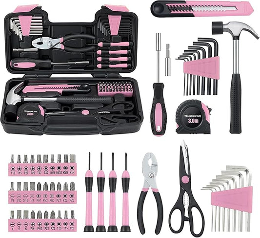 58 Piece Household Tool Set, General Household Hand Tool Kit with Plastic Toolbox Storage Case, All Purpose Household Tool Kit for Women, Girls and Ladies, Pink