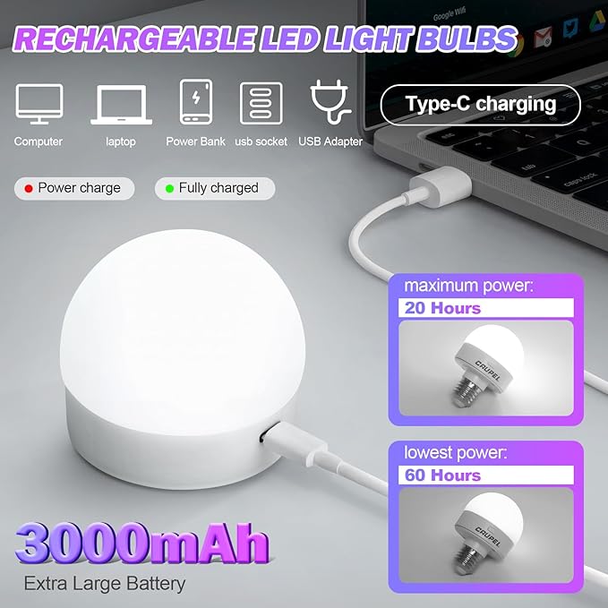 RGBCW Rechargeable Battery Operated Light Bulbs, E26 Detachable LED Bulb with Remote Control, 40W Equivalent, 500Lum, 3 Color Temperatures, 15 RGB, Emergency Light Bulbs for Home, Outdoor, 4 Pack