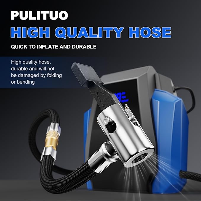 PULITUO Tire Inflator Portable Air Compressor - Car Accessories 12V DC Air Pump for Car Tires with Digital Pressure Gauge, Emergency LED Light for Wheel, Bike, Ball, Motor
