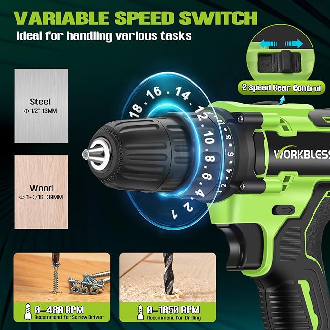 WORKBLESS 21V Power Drill Set, Cordless Drill with Battery and Charger, 3/8'' Keyless Chuck, Variable Speed, 18+1 Torque Setting and 28pcs Drilling/Driver Bits Tool Set(Green)